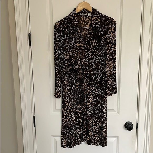 Chico’s Travelers Women’s Animal Print Front Button Dress Black/Tan M - Picture 1 of 7